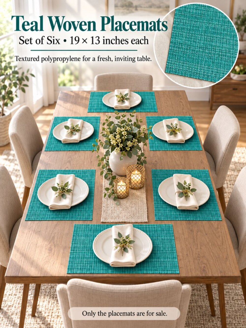 Teal Woven Polypropylene Placemats — Set of Six